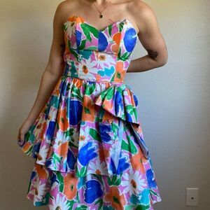 Vintage Ricki Lang 80s Multicolor Rainbow Floral Mini Strapless Dress Sz S